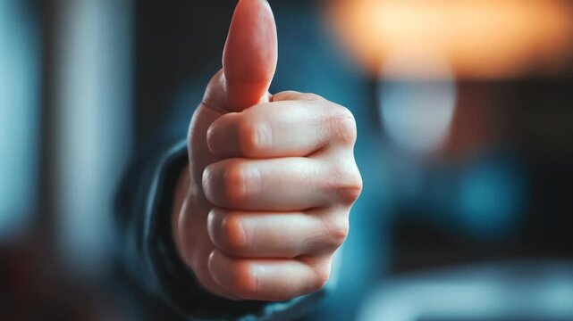 Hand giving a thumbs up showing positivity and approval in a cozy indoor setting during the afternoon