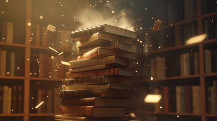 magic stack of books on table close up with bright light and glitter, magical atmosphere