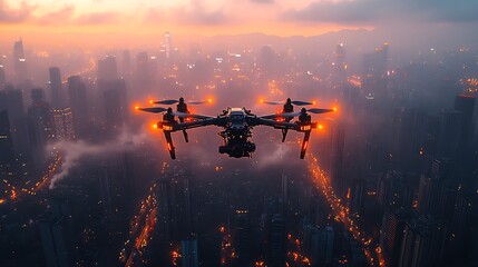 Naklejka premium Dynamic Drone Capturing Scenic Skyscrapers Streets Illuminated Dusk Sky Photo