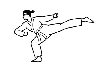 Line art vector style illustration of a martial artist performing a high kick and wearing a traditional gi.eps
