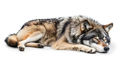 Obraz premium A resting wolf with details long title A majestic gray wolf resting peacefully on a plain white background showcasing its captivating features and
