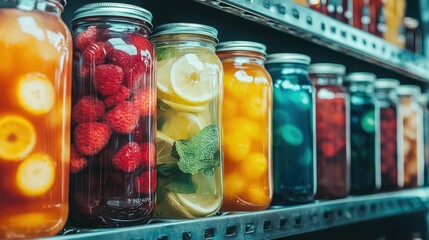 Assortment of homemade fruit preserves jams and pickled vegetables in vintage style mason jars displayed on a rustic wooden shelving unit  Natural organic ingredients and a simple