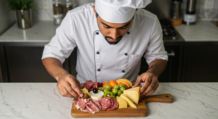 Chef Arranging Gourmet Food Platter On Wooden Board Displaying Meat Cheese And Fruit in Brightly Lit Kitchen