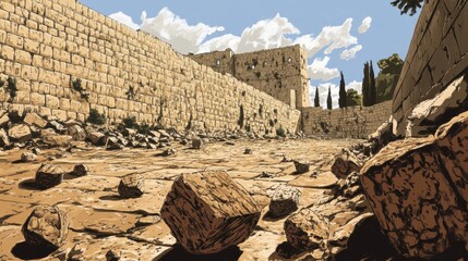 An up-close look at stones that fell from the Second Temple to the street below following the Roman destruction in 70 CE, near the southern section of the Western Wall (Kotel) in Jerusalem illustrati