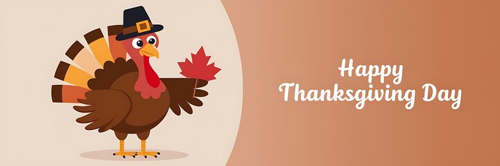 Cheerful Thanksgiving turkey illustration vibrant autumn feathers classic pilgrim hat festive "Happy Thanksgiving Day" text on warm brown gradient background surrounded pumpkins acorns falling leaves
