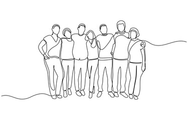 Group of people continuous one line vector drawing. Family, friends hand drawn characters. Continuous line art drawing style. Minimalist black linear sketch on white background. © Stock4line