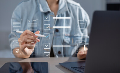 Policy Documents and Legal Compliance Concepts Businessperson reviews digital documents, checklists, certificates and financial details Policy Management Legal Compliance