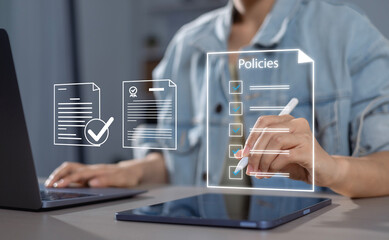 Policy Documents and Legal Compliance Concepts Businessperson reviews digital documents, checklists, certificates and financial details Policy Management Legal Compliance