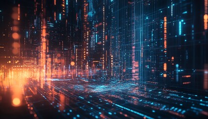 Obraz premium Abstract digital city, glowing data streams