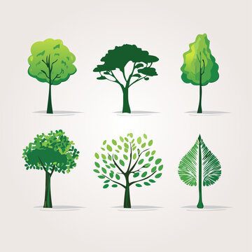 Ensemble de 6 Illustrations Silhouettes d'Arbres pour Paysagiste, Couleur Vert, Dessin Vecteur