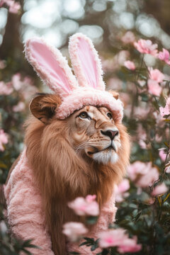 This whimsical image features a lion donning a fluffy bunny costume, surrounded by beautiful pink flowers, creating a surreal yet enchanting atmosphere in nature.