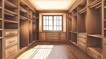 Obraz premium Spacious, empty walk-in closet with wooden interiors illustration