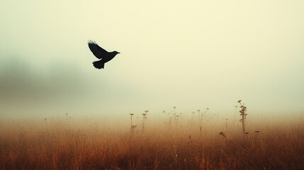 Black bird soaring through a foggy field, evoking mystery and freedom.