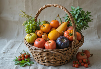Woven basket is filled with a variety of colorful fruits and vegetables, including tomatoes, grapes, oranges, and leafy greens, showcasing the bounty of the harvest