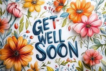 Get well soon greeting card with beautiful colorful flowers, AI Generated