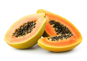 Sliced Papaya Fruit with Black Seeds on a White Background