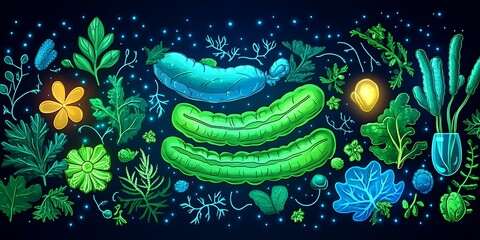 A vibrant illustration featuring assorted green plants and vegetables