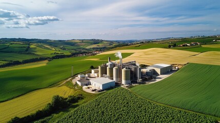 A bioenergy plant surrounded by green fields, producing clean fuel from organic waste.