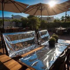 A portable thermal reflective cover used for outdoor seating areas, blocking UV rays and reducing heat.


