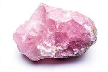 Analyzing Rough Rose Quartz Crystal on White Background for Gemstone Use
