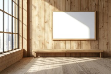Modern, minimalist interior with natural light.  Wooden walls, bench, large blank canvas