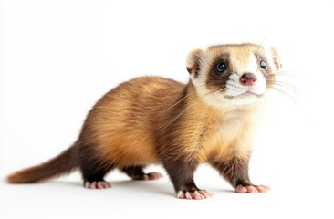 Cute Ferret Standing on a White Background Posing for Camera