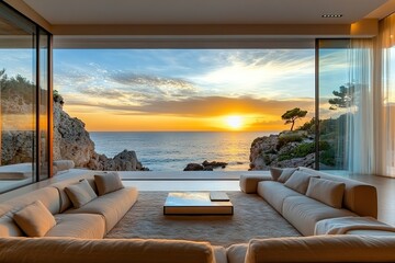 Fototapeta premium Luxurious Room Overlooking Ocean View at Sunset, Open Window, Nature, Coastal Cliff