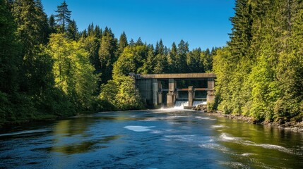 Fototapeta premium River flowing under a dam in a lush forest.