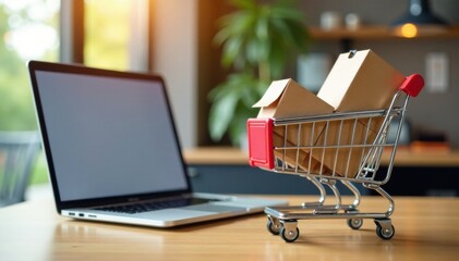 Product package boxes and shopping bag in cart with laptop computer on desk, online stores, laptops, e commerce