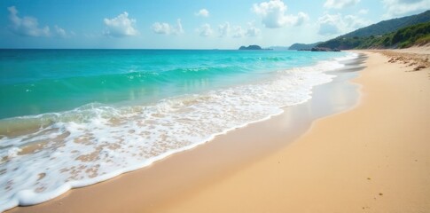 Fototapeta premium Sandy beach with gentle waves washing over the shore, blue, serene, calm