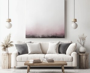 Minimalist living room with abstract art, white sofa, and wooden coffee table.