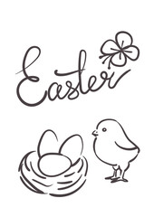 Easter greeting card with chickens. Hand drawn sketch. Vector illustration.