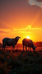 Fototapeta premium Silhouette of a sheep grazing in a field at sunset, rural, farm life