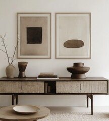 Minimalist living room with abstract art, wooden console, and ceramic vases.