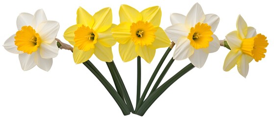 Fototapeta premium Five Beautiful Daffodils Spring Flowers Bouquet Isolated White Background
