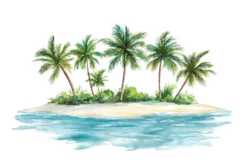 Obraz premium A vibrant illustration of a tropical island featuring lush palm trees and clear blue water surrounding a sandy beach.