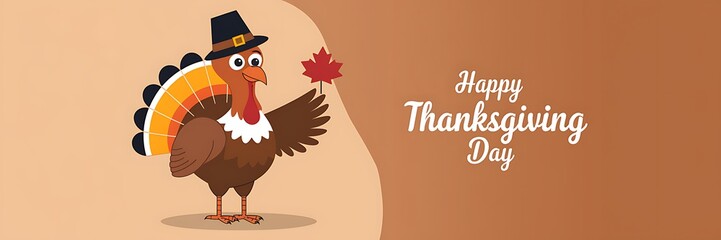 Cheerful Thanksgiving turkey illustration vibrant autumn feathers classic pilgrim hat festive "Happy Thanksgiving Day" text on warm brown gradient background surrounded pumpkins acorns falling leaves