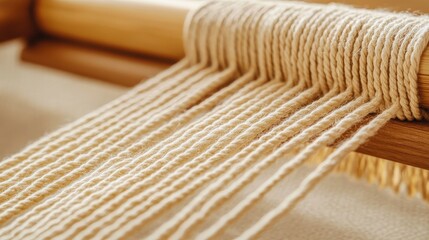 A close-up of yarn threads being prepared on a loom, showcasing the texture and arrangement of the fibers.