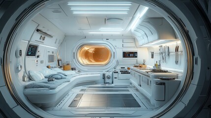 Fototapeta premium Interior of a spaceship, high-tech kitchen with digital appliances and space-saving designs