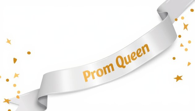 Elegant prom queen's sash with confetti on white background, celebration