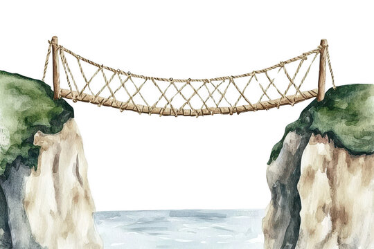 Fototapeta A hand-drawn illustration of a rope bridge connecting two rocky cliffs over calm waters, set against a black background.