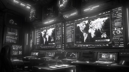 Futuristic control room with world maps on large screens.