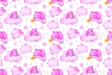 Baby girl seamless pattern with pink clouds and dinosaurs. Dino sleep on cloud and star. Up in the sky. Bedtime background. Pattern for nursery baby room textile print wrap paper