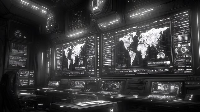 Futuristic control room with world maps on large screens.