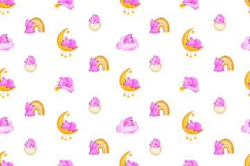 Baby girl seamless pattern with pink watercolor dinosaurs. Dino sleep on cloud and star. Up in the sky. Bedtime background. Pattern for nursery baby room textile print wrap paper. Its a girl