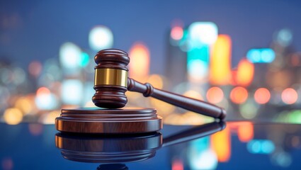 Gavel on reflective surface amidst blurred city lights