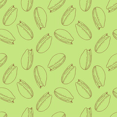 Seamless pattern of pistachio nuts, golden outline of nuts on bright green background, hand drawn sketch.