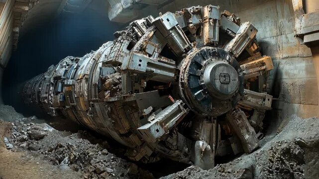 Tunnel boring machine operates deep underground in city construction project during daytime hours