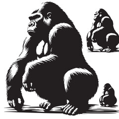 Black Color Gorilla Silhouette Vector Illustration, Solid White Background