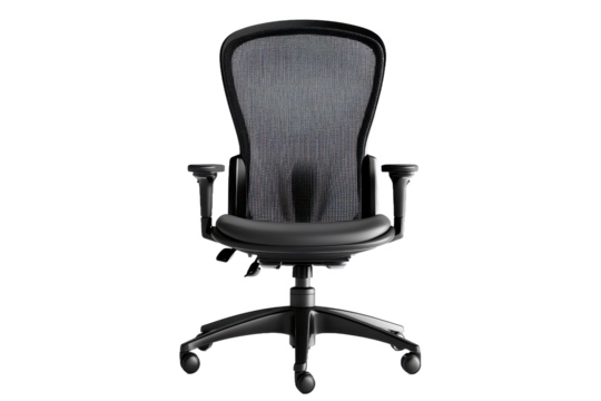 A black ergonomic office chair with mesh back and adjustable armrests on a neutral gray background studio shot